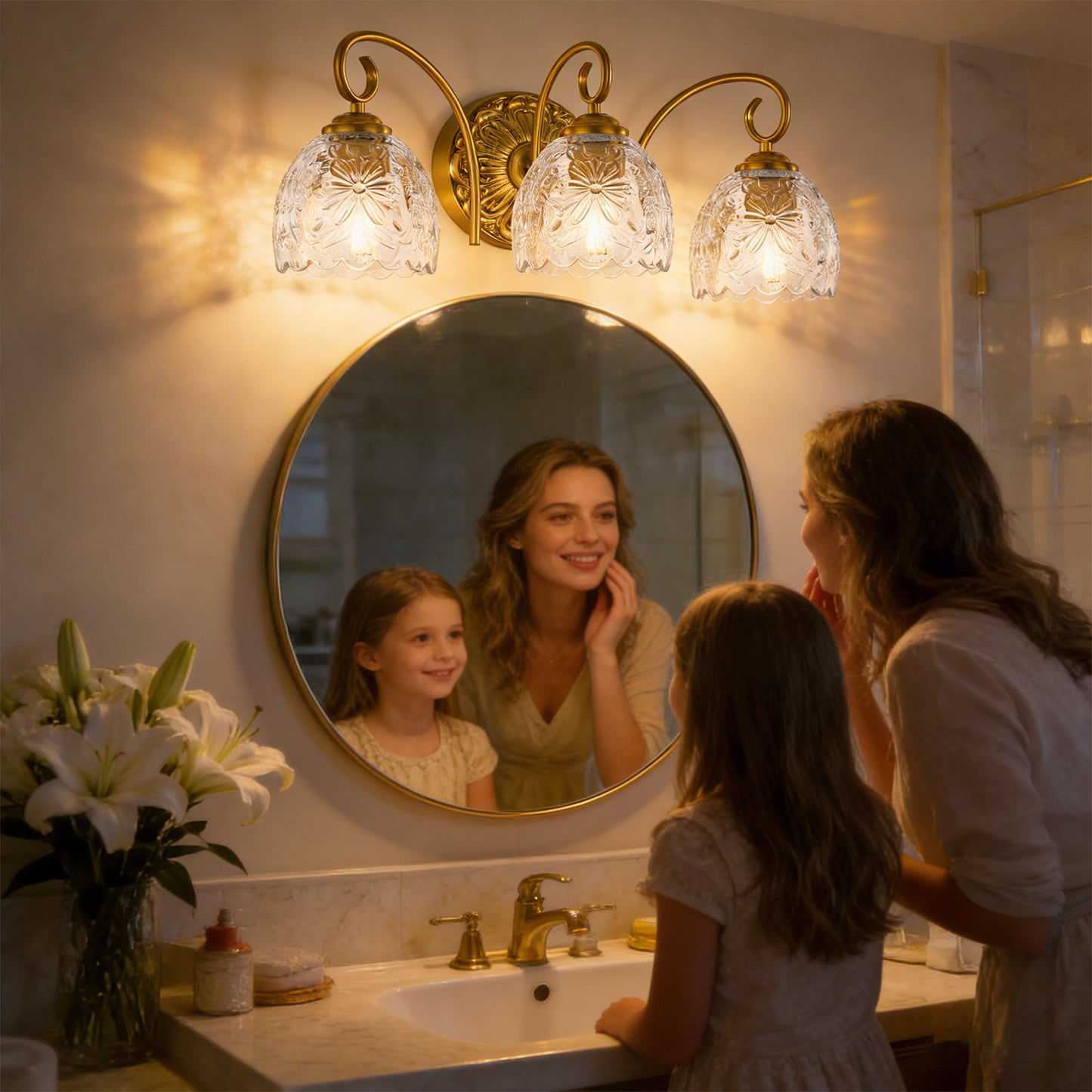 Aurelux Gold 3-Light Glass Floral Vanity Light  Fixture