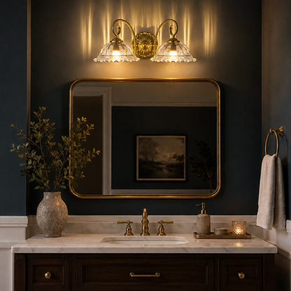 Aurelia Gold Vintage Bathroom Vanity Light, Clear Floral Glass, 2-Light
