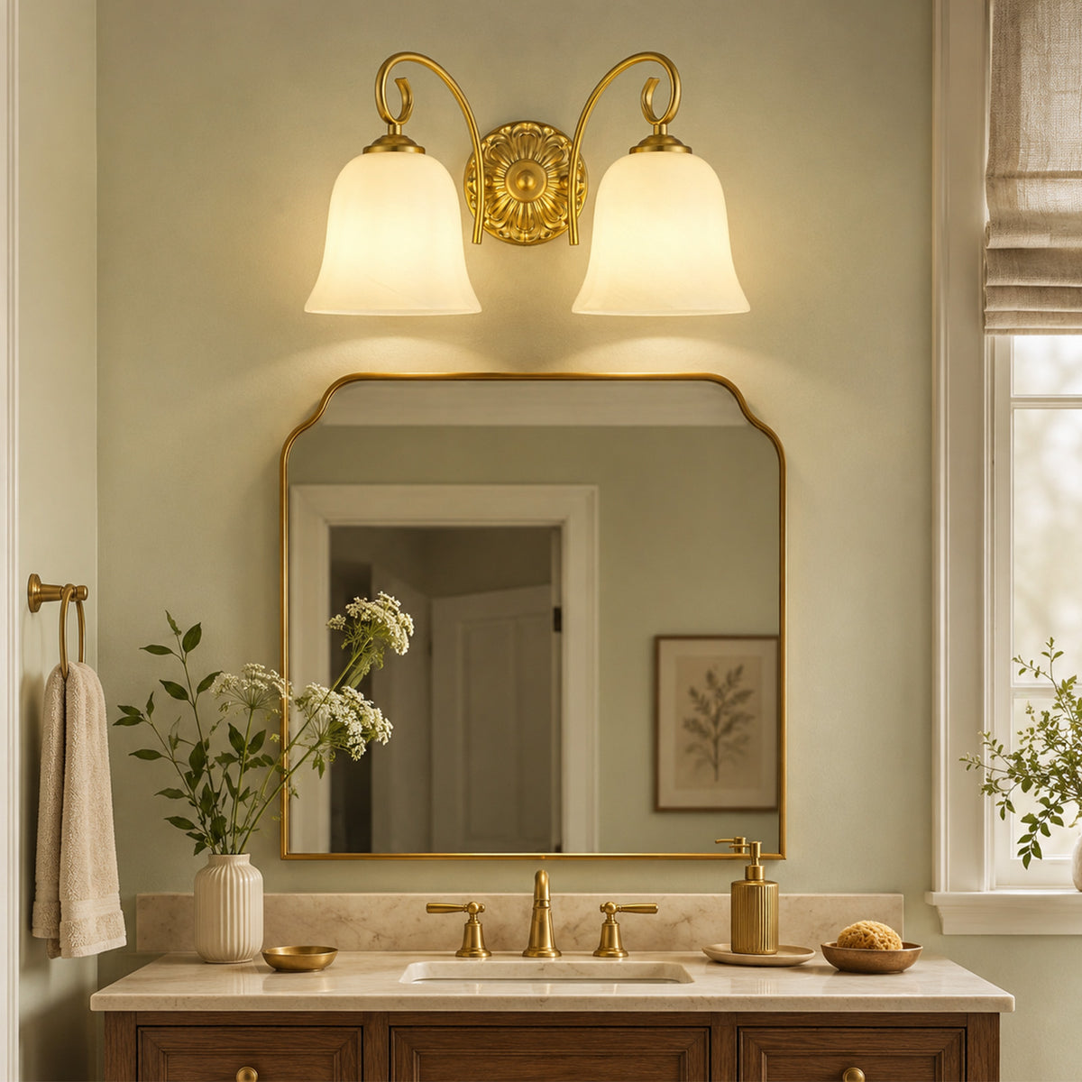 Aurelia Gold Vintage Bathroom Vanity Light, Milky White Glass, 2-Light