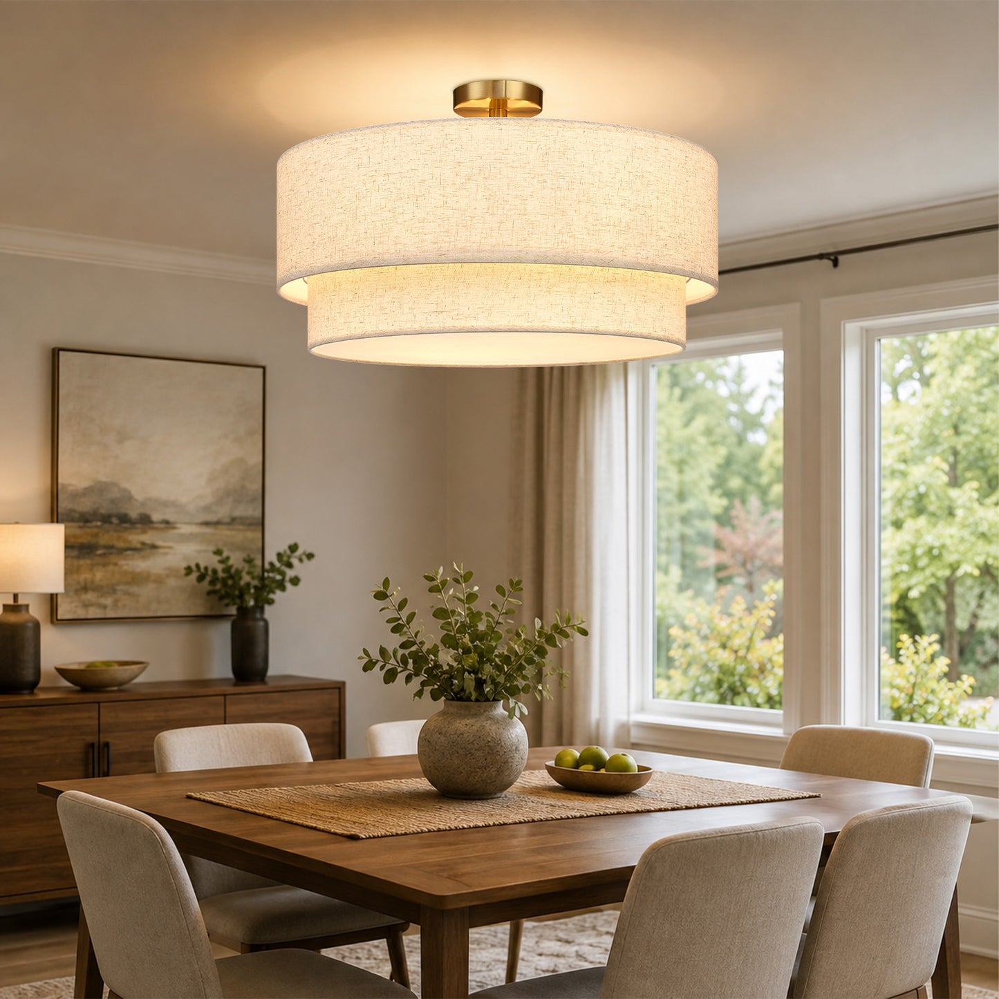 Aeris 24" Semi Flush Mount Ceiling Light, Gold 5-Light Double-Layer Drum Light Fixture with Linen Shade