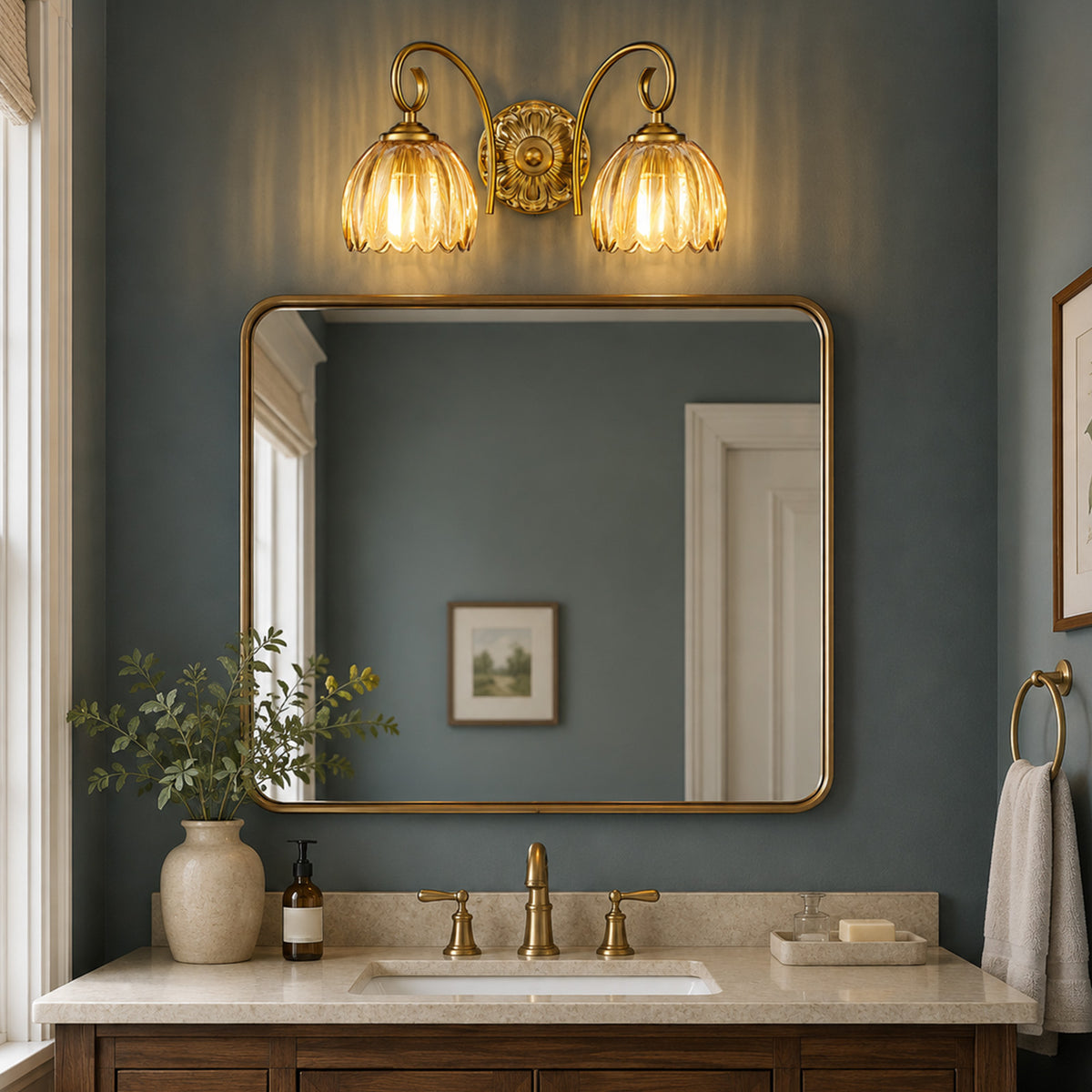Aurelia Gold Vintage Bathroom Vanity Light, Amber Ribbed Glass, 2-Light