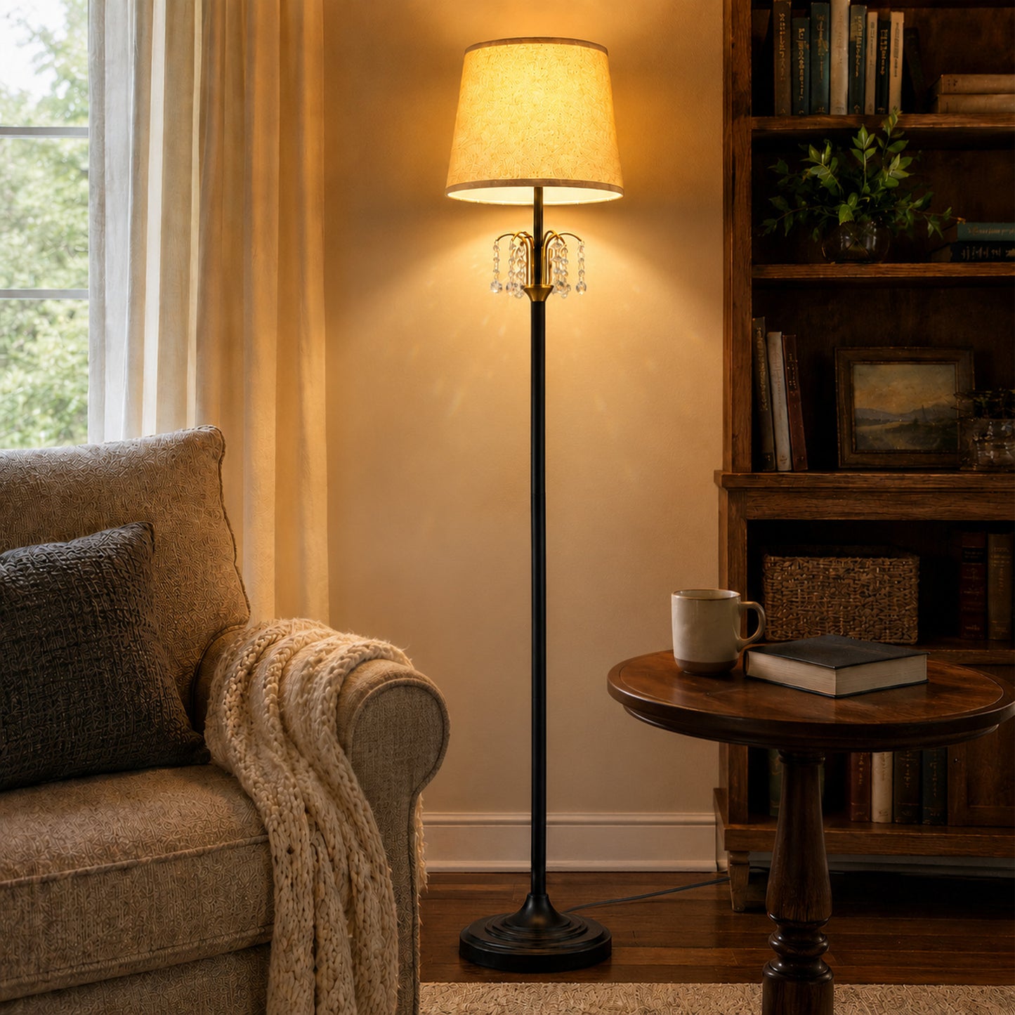 Lumora Crystal Floor Lamp, 64 Inch Black and Gold Standing Lamp with Linen Shade