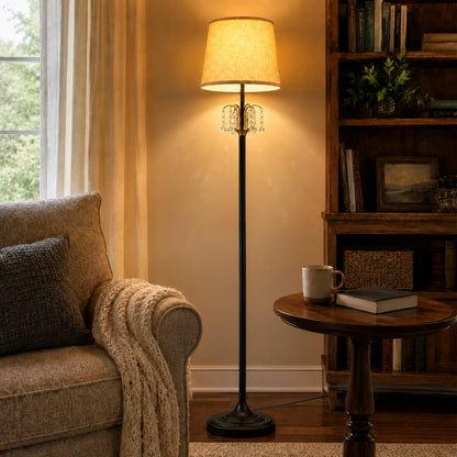 Lumora Crystal Floor Lamp, 64 Inch Black and Gold Standing Lamp with Linen Shade