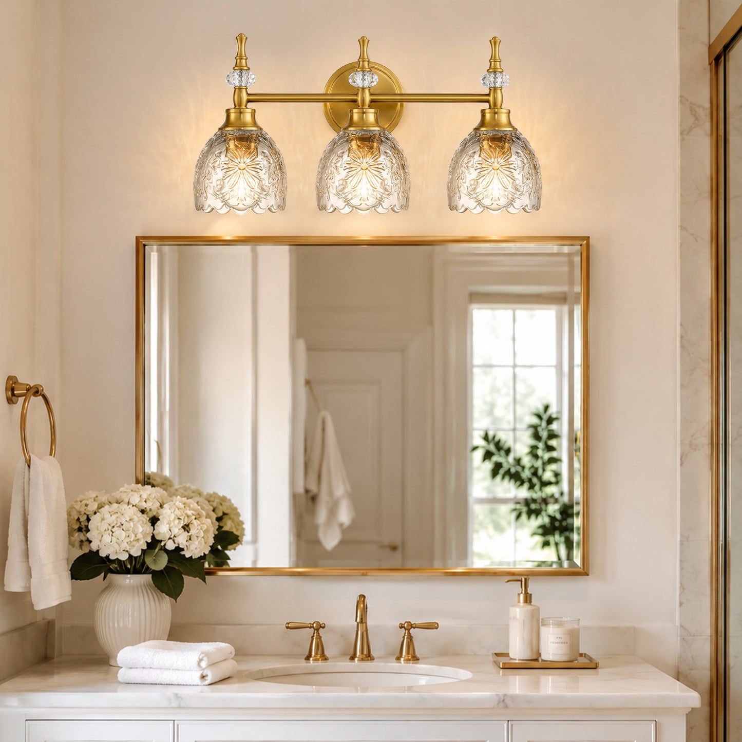 Aurelia 3-Light Floral Glass Vanity Light Brushed Gold Bathroom Vanity Light with Floral Glass Shades