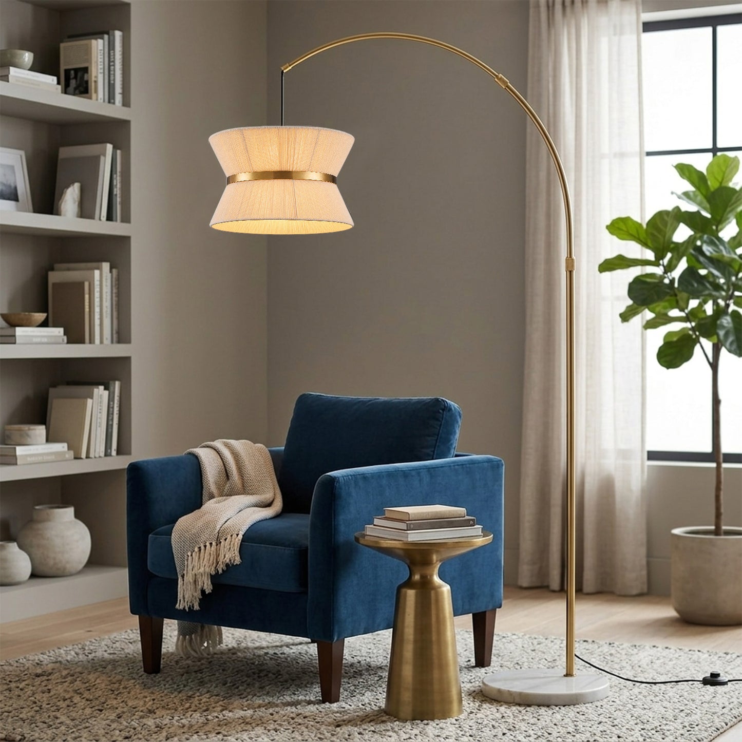 Lumora 65.5 Inch Gold Arc Floor Lamp with Hand-Woven Cotton Shade and White Marble Base