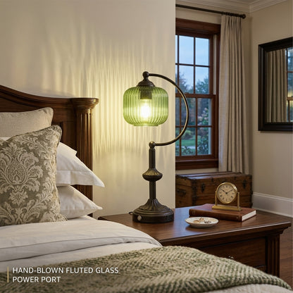 Cozyloom Black Table Lamp with Green Ribbed Glass Shade and USB-C + USB-A Charging Ports