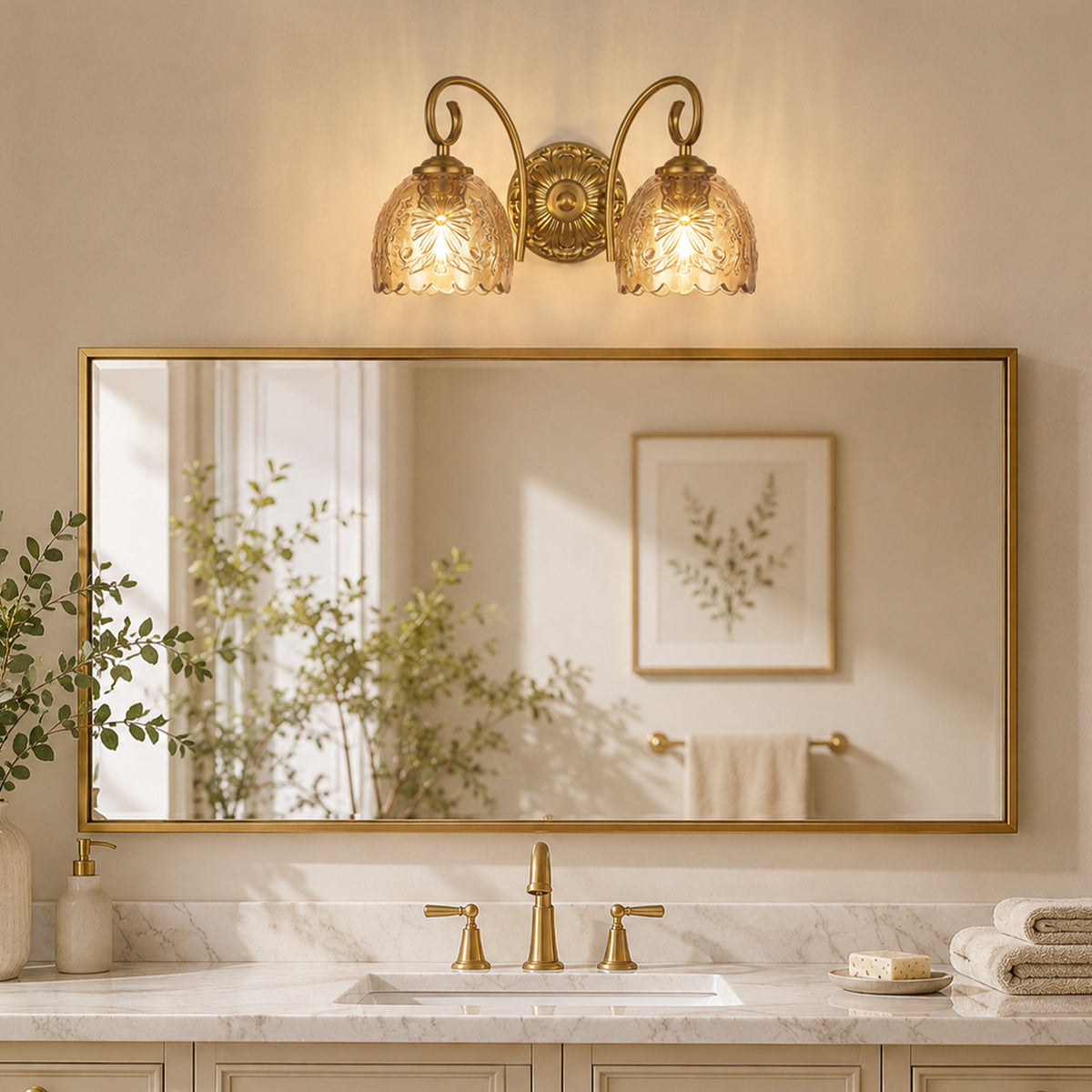 Aurelia Gold Vintage Bathroom Vanity Light, Amber Embossed Glass, 2-Light