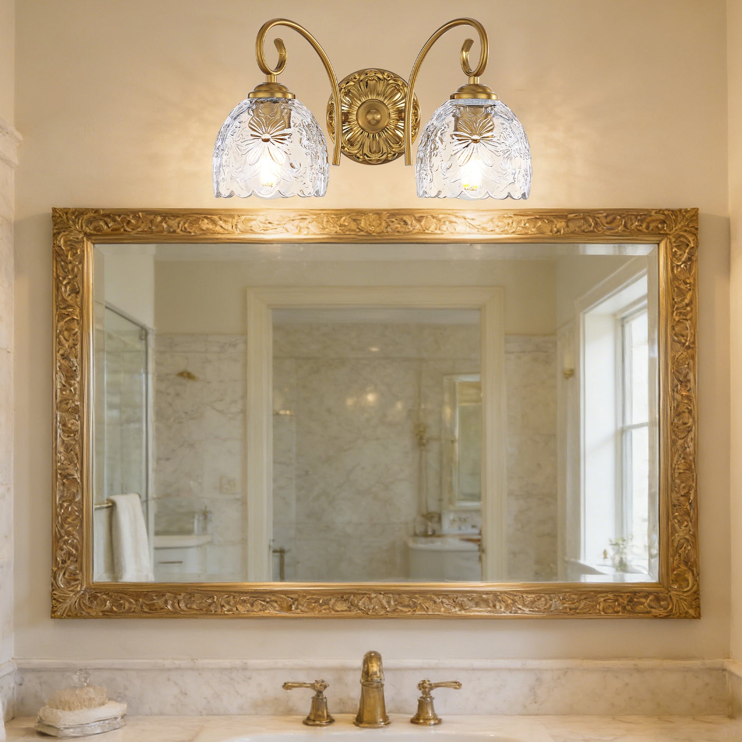 Aurelux Gold 2-Light Glass  Floral Vanity Light  Fixture