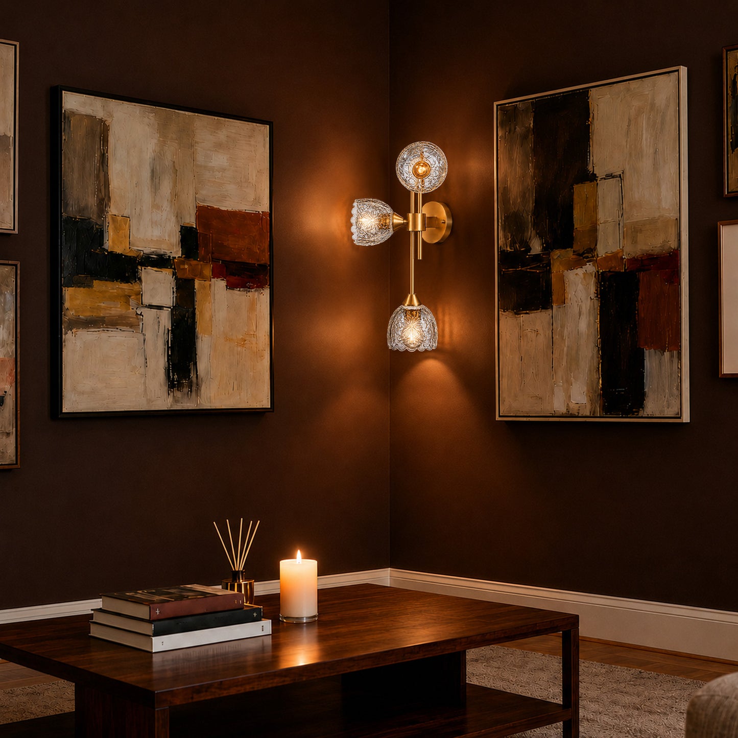 Aurelia 3-Light Gold Wall Sconce with Floral Glass Shades