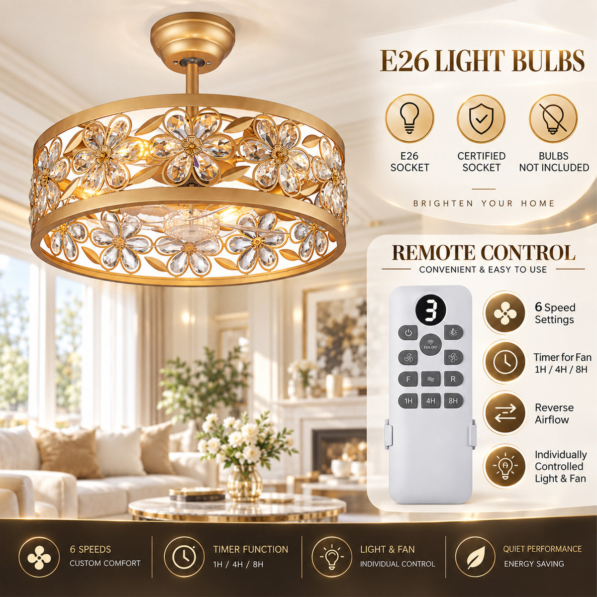 Gildex 20-Inch Gold Crystal Flower Fandelier with Light