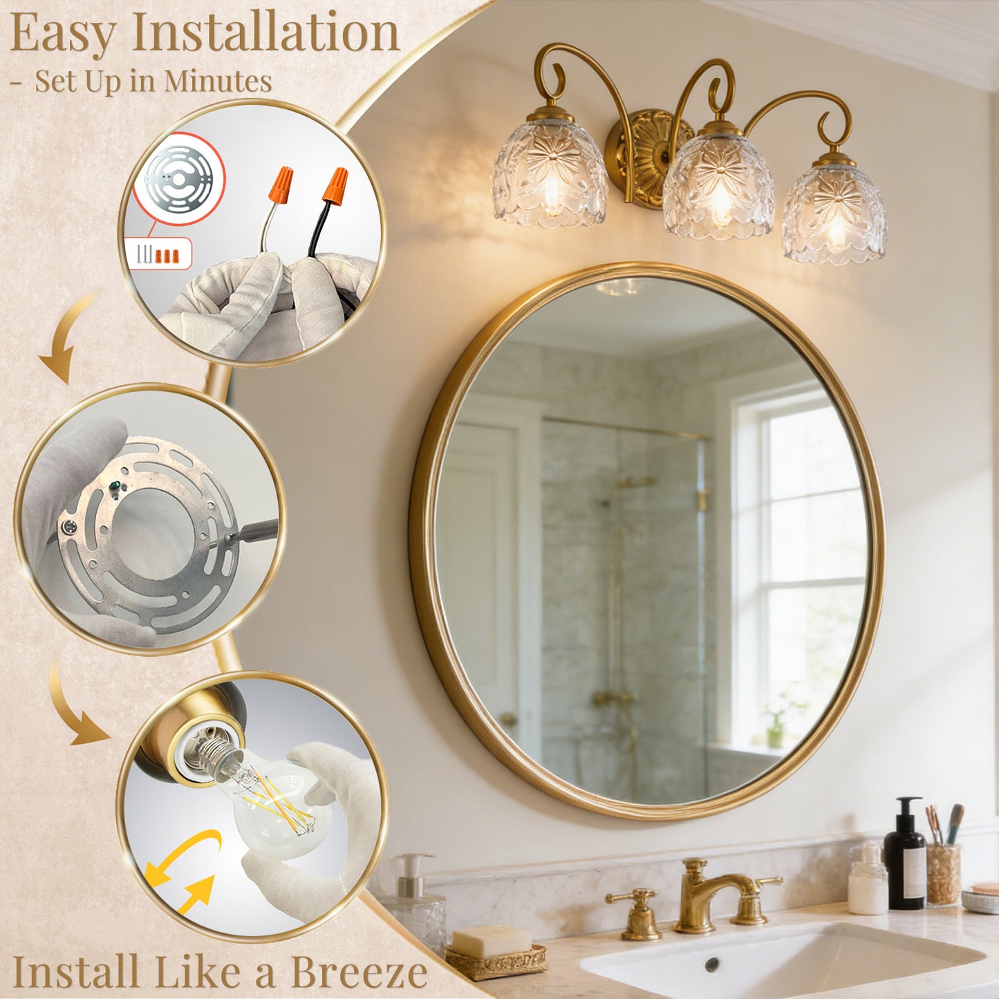 Aurelux Gold 3-Light Glass Floral Vanity Light  Fixture