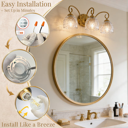 Aurelux Gold 3-Light Glass Floral Vanity Light  Fixture
