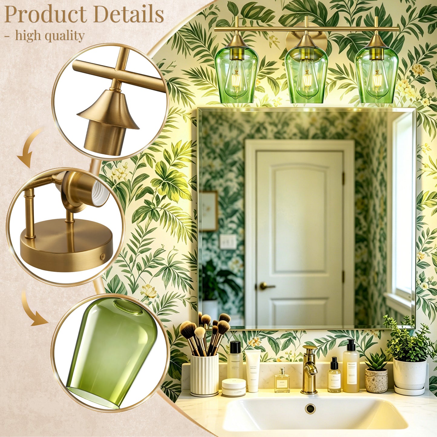 Aurelia 3-Light Gold Green Glass Vanity Light