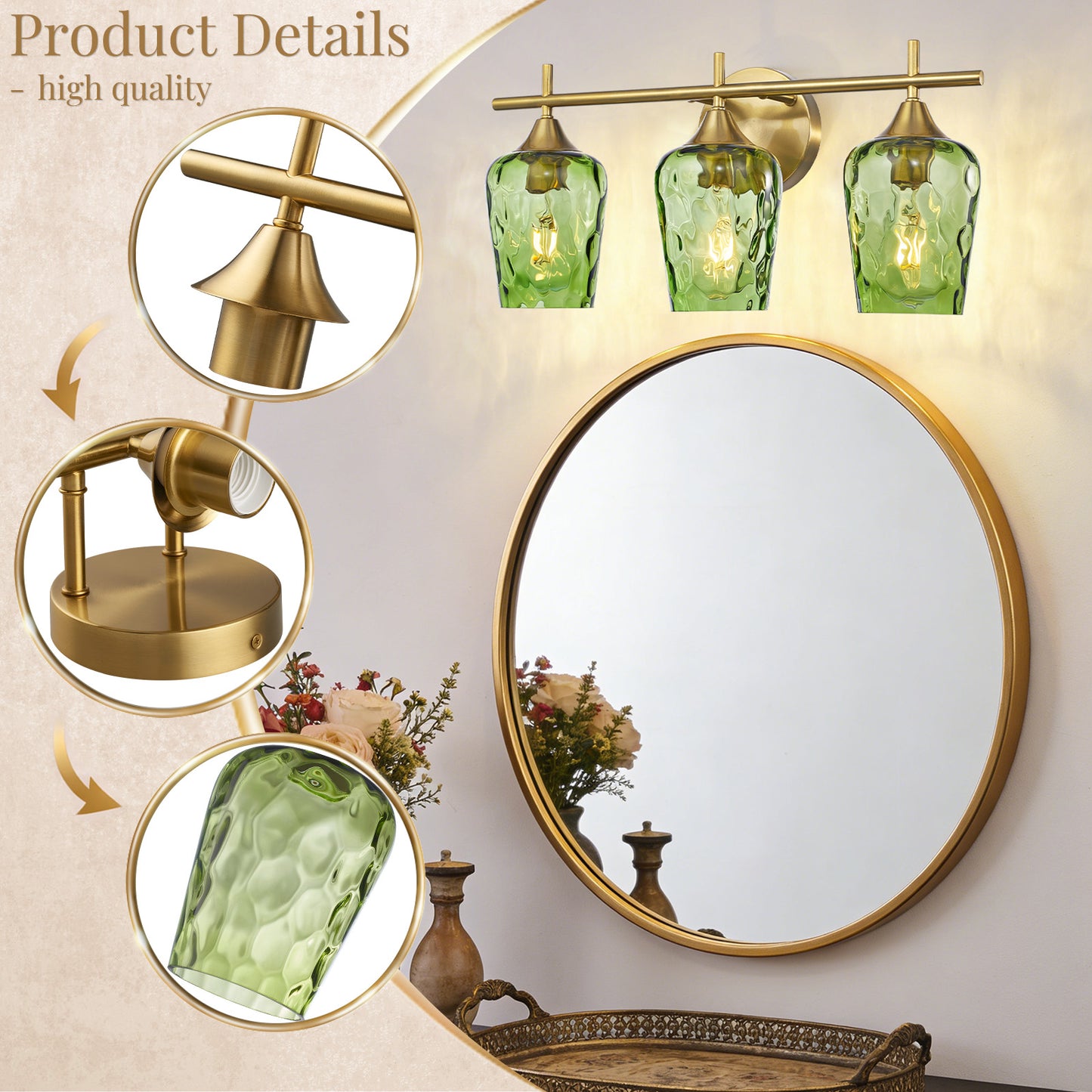 Aurelia 3-Light Gold Hammered Glass Bathroom Vanity Light