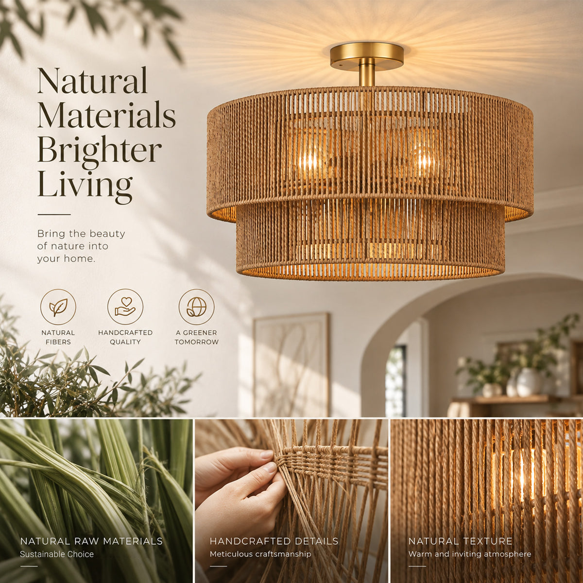Aeris 24-Inch Gold Double-Layer Woven Rope Ceiling Light