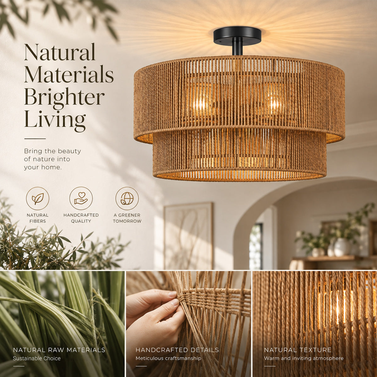Aeris 24-Inch Black Double-Layer Woven Rope Ceiling Light