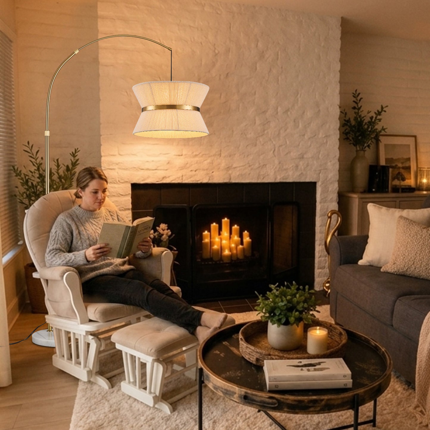 Lumora 65.5 Inch Gold Arc Floor Lamp with Hand-Woven Cotton Shade and White Marble Base