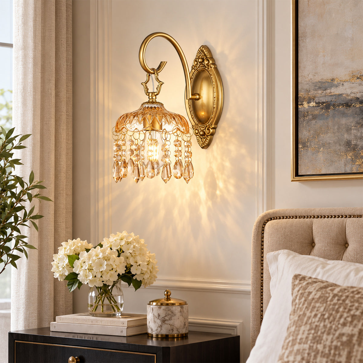 Aurelia Amber Crystal Wall Sconces Set of 2, Vintage Gold