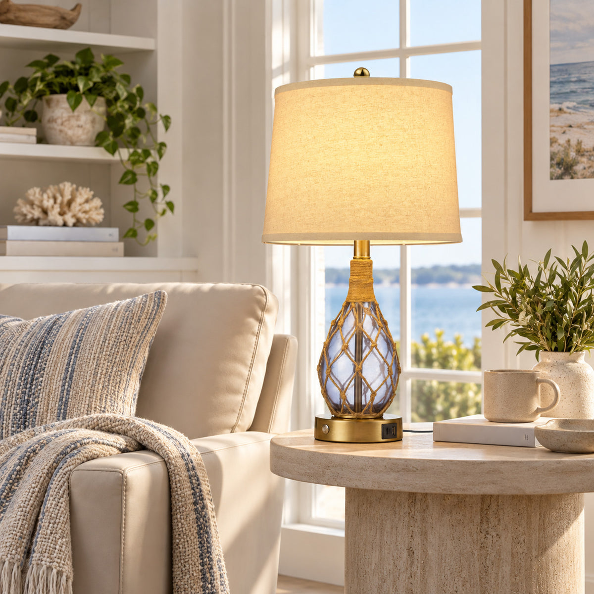 Cozyloom 23-Inch Blue Coastal Glass Table Lamps Set of 2