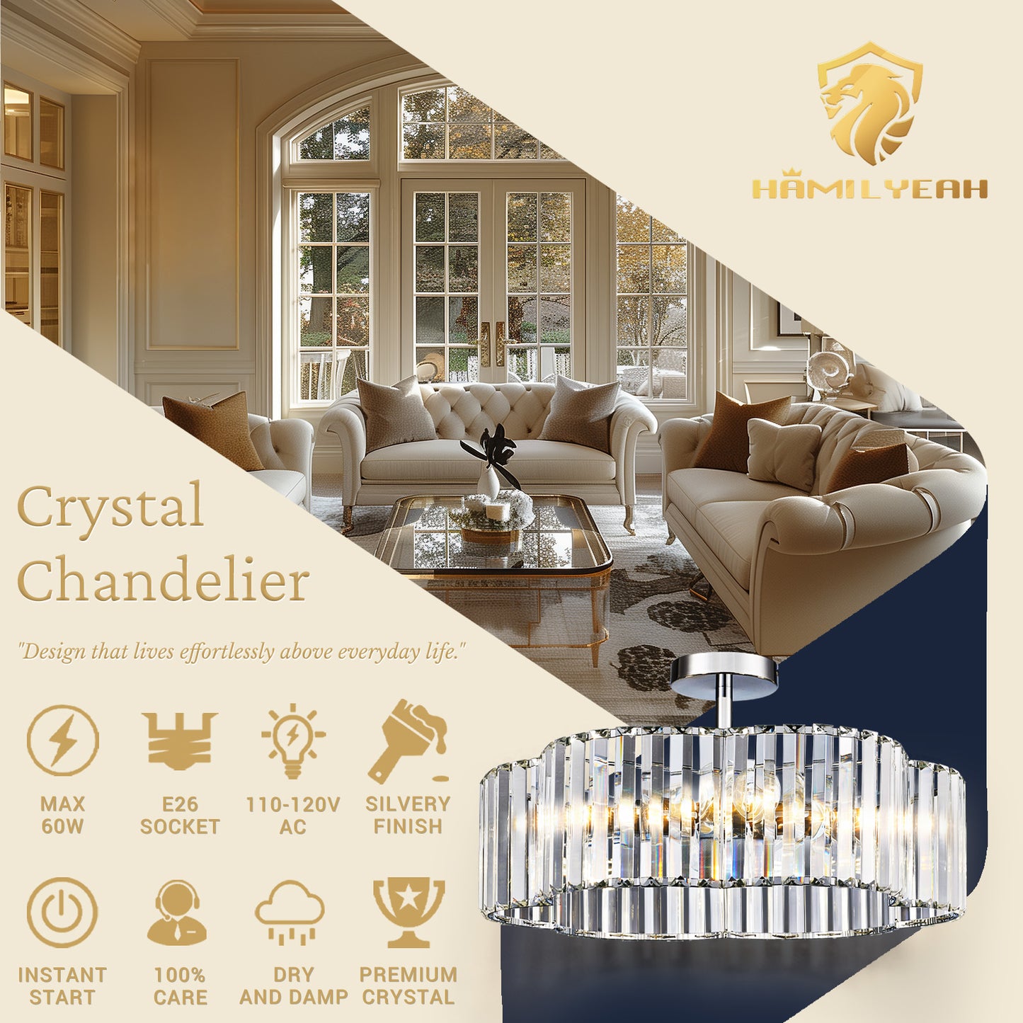 Aeris 20inch 4-Light Crystal Semi Flush Mount Ceiling Light