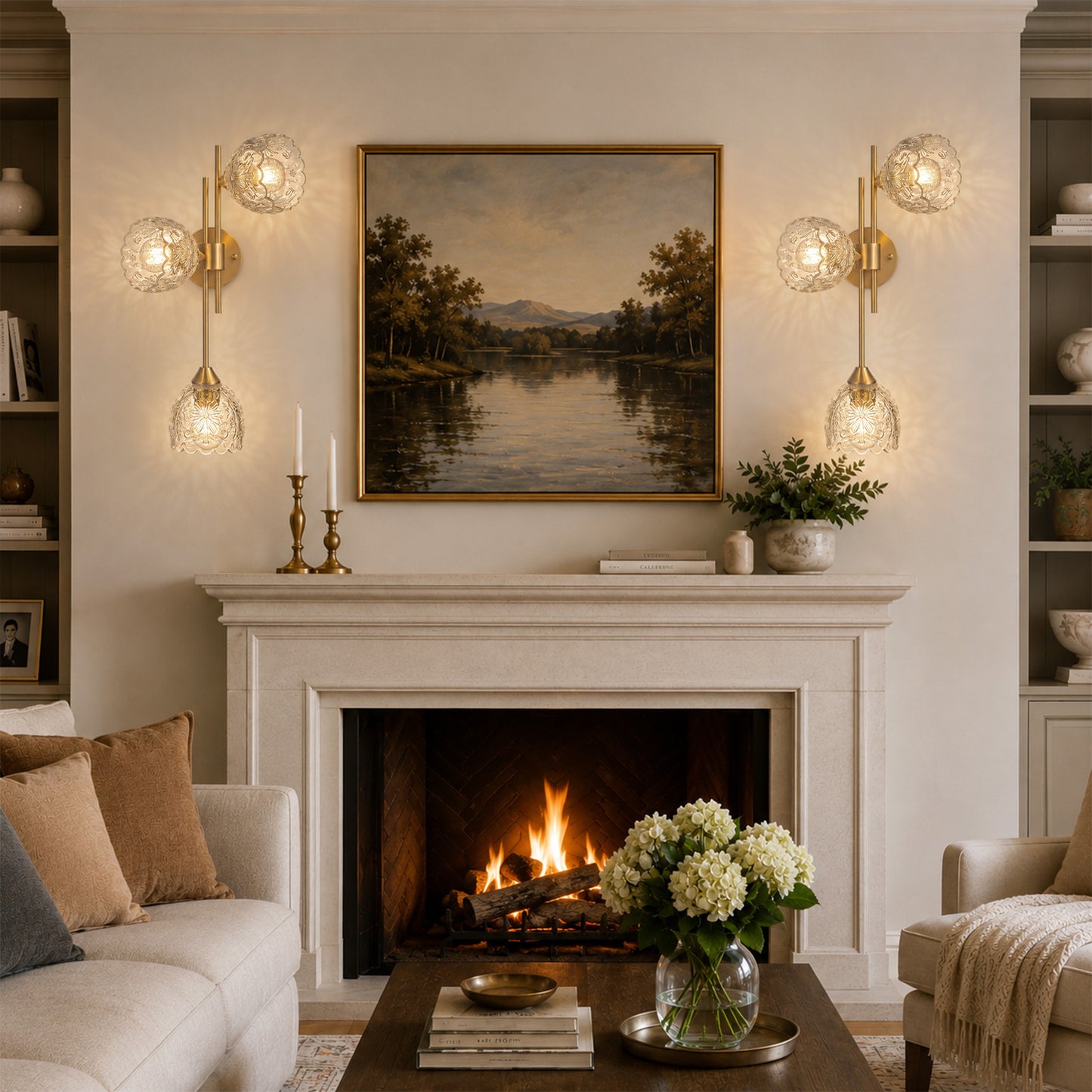 Aurelia 3-Light Gold Wall Sconce with Floral Glass Shades