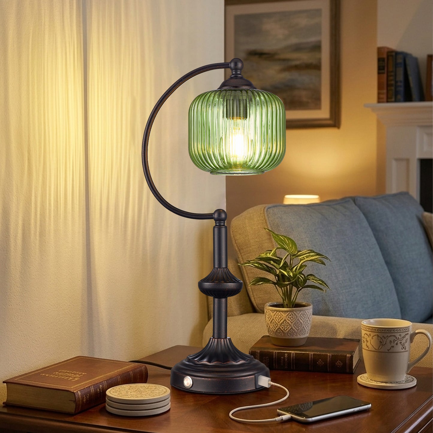 Cozyloom Black Table Lamp with Green Ribbed Glass Shade and USB-C + USB-A Charging Ports
