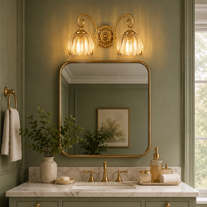 Aurelia Gold Vintage Bathroom Vanity Light, Amber Ribbed Glass, 2-Light