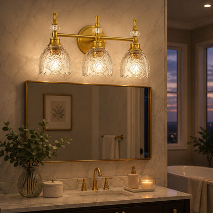 Aurelia 3-Light Floral Glass Vanity Light Brushed Gold Bathroom Vanity Light with Floral Glass Shades