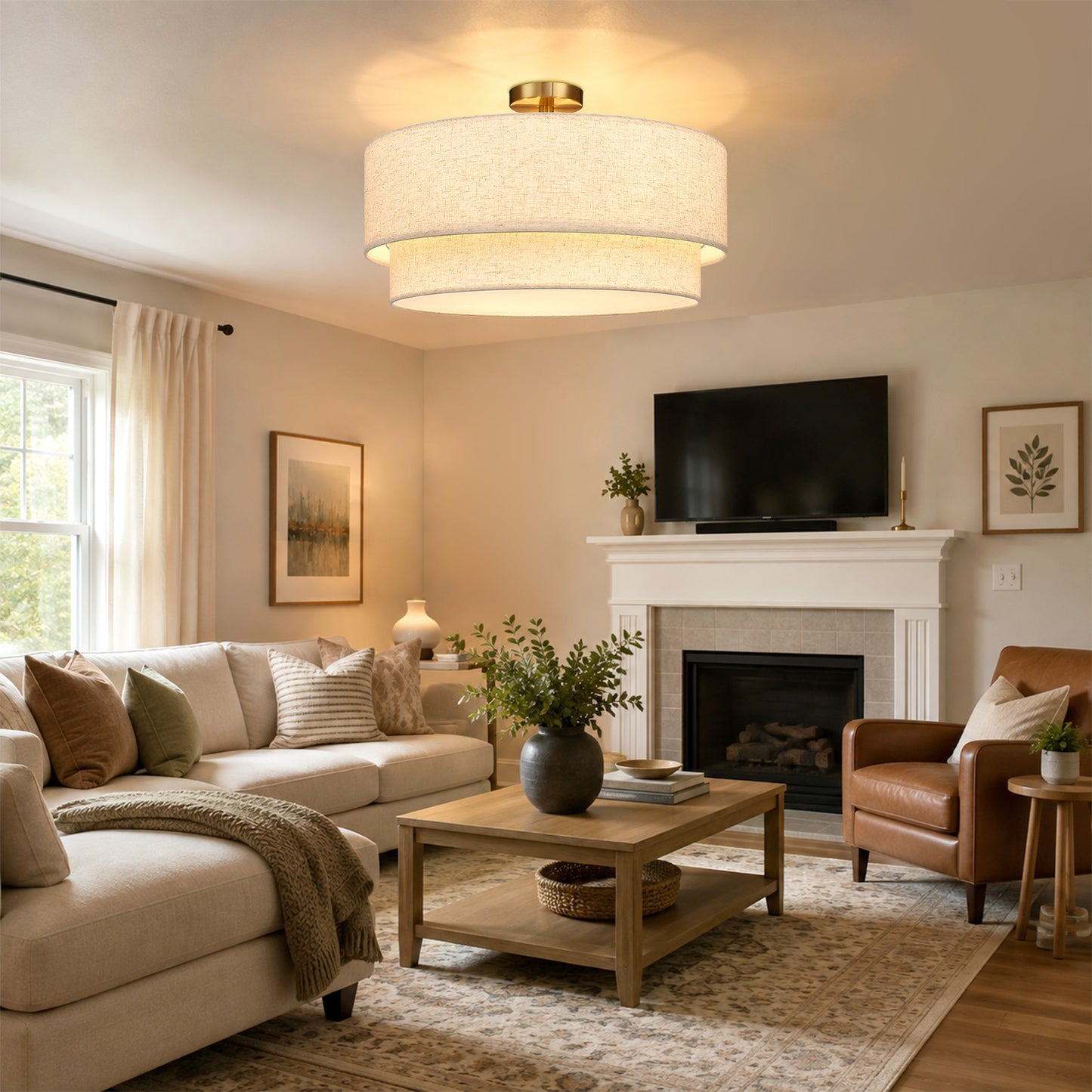 Aeris 24" Semi Flush Mount Ceiling Light, Gold 5-Light Double-Layer Drum Light Fixture with Linen Shade