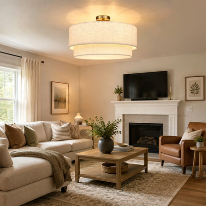 Aeris 24" Semi Flush Mount Ceiling Light, Gold 5-Light Double-Layer Drum Light Fixture with Linen Shade