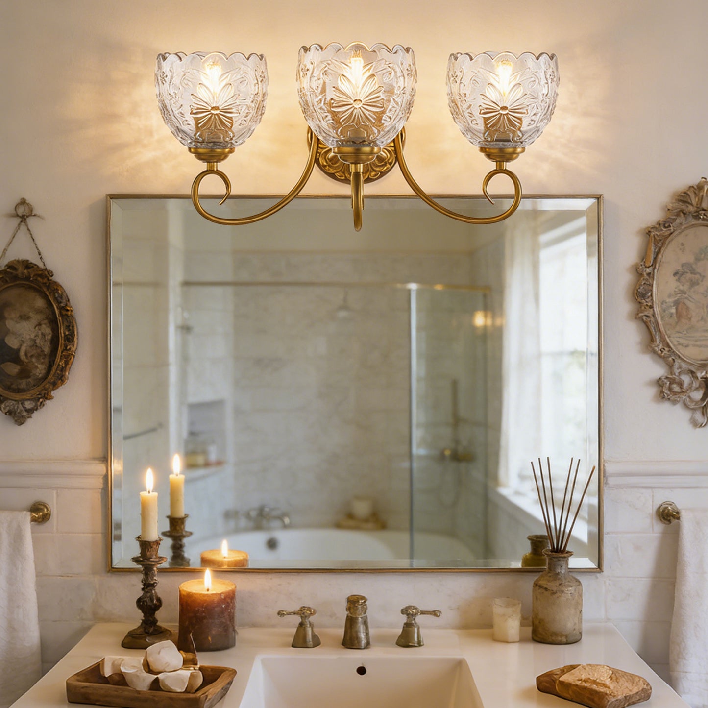 Aurelux Gold 3-Light Glass Floral Vanity Light  Fixture
