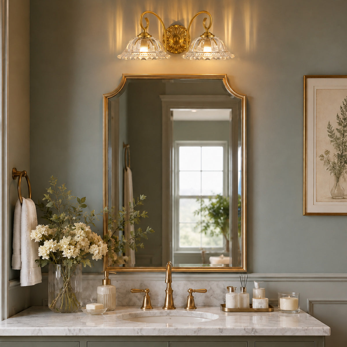 Aurelia Gold Vintage Bathroom Vanity Light, Clear Floral Glass, 2-Light
