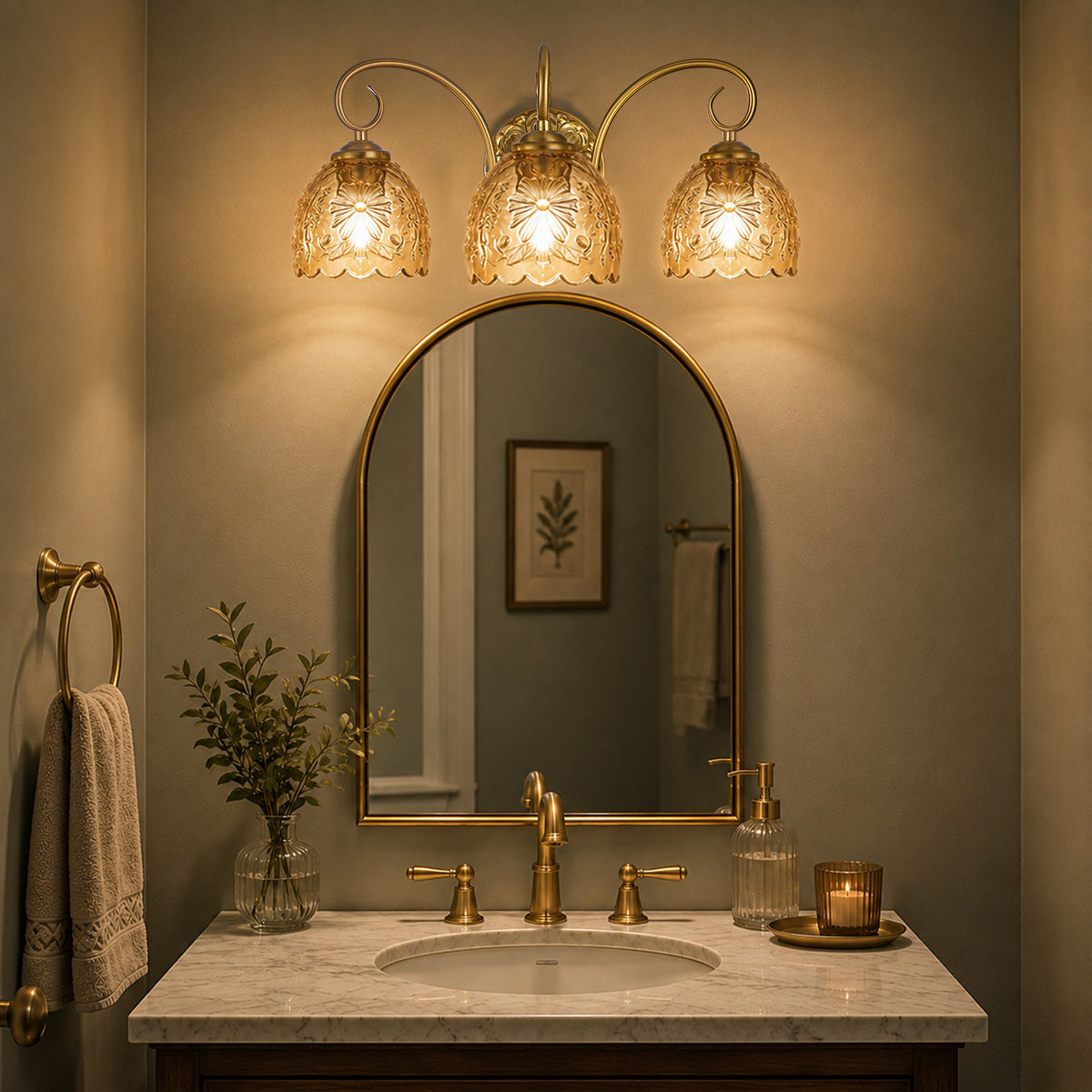 Aurelia Gold Vintage Bathroom Vanity Light, Amber Embossed Glass, 3-Light