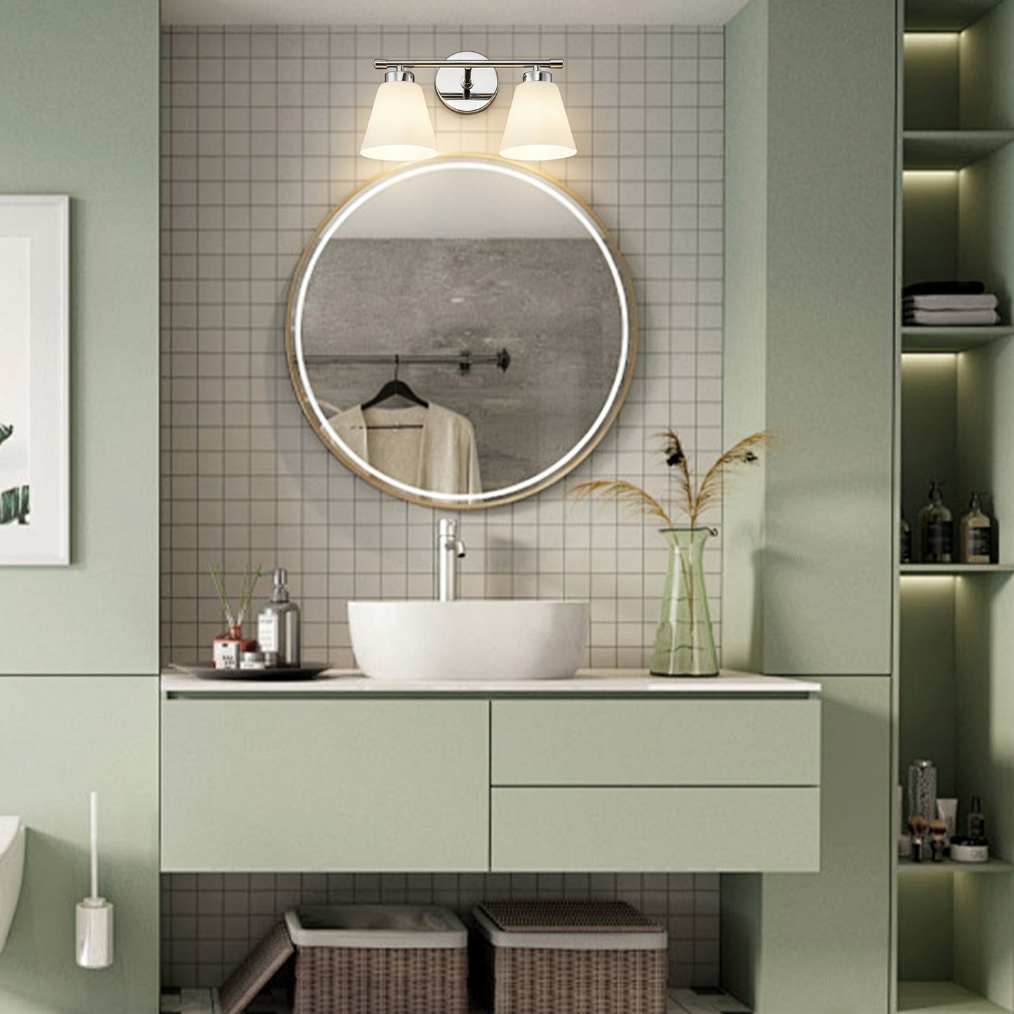 Chrome Vanity Light Fixture with Frosted Milk Glass Shade