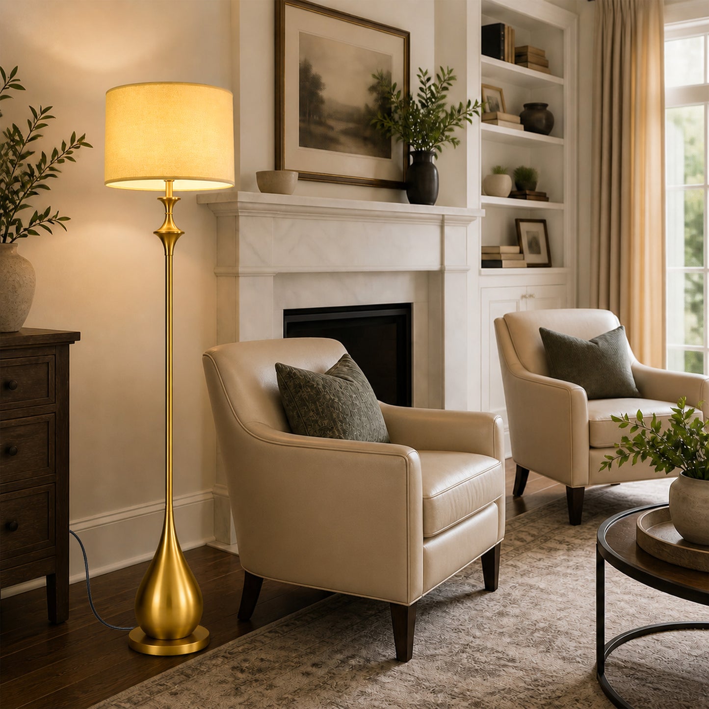 Lumora 65 in Brushed Gold Mid Century Floor Lamp with Linen Shade