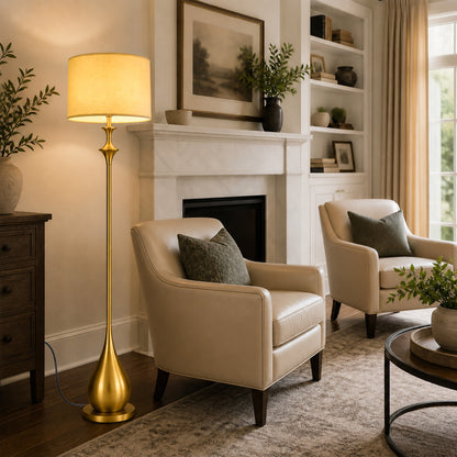 Lumora 65 in Brushed Gold Mid Century Floor Lamp with Linen Shade