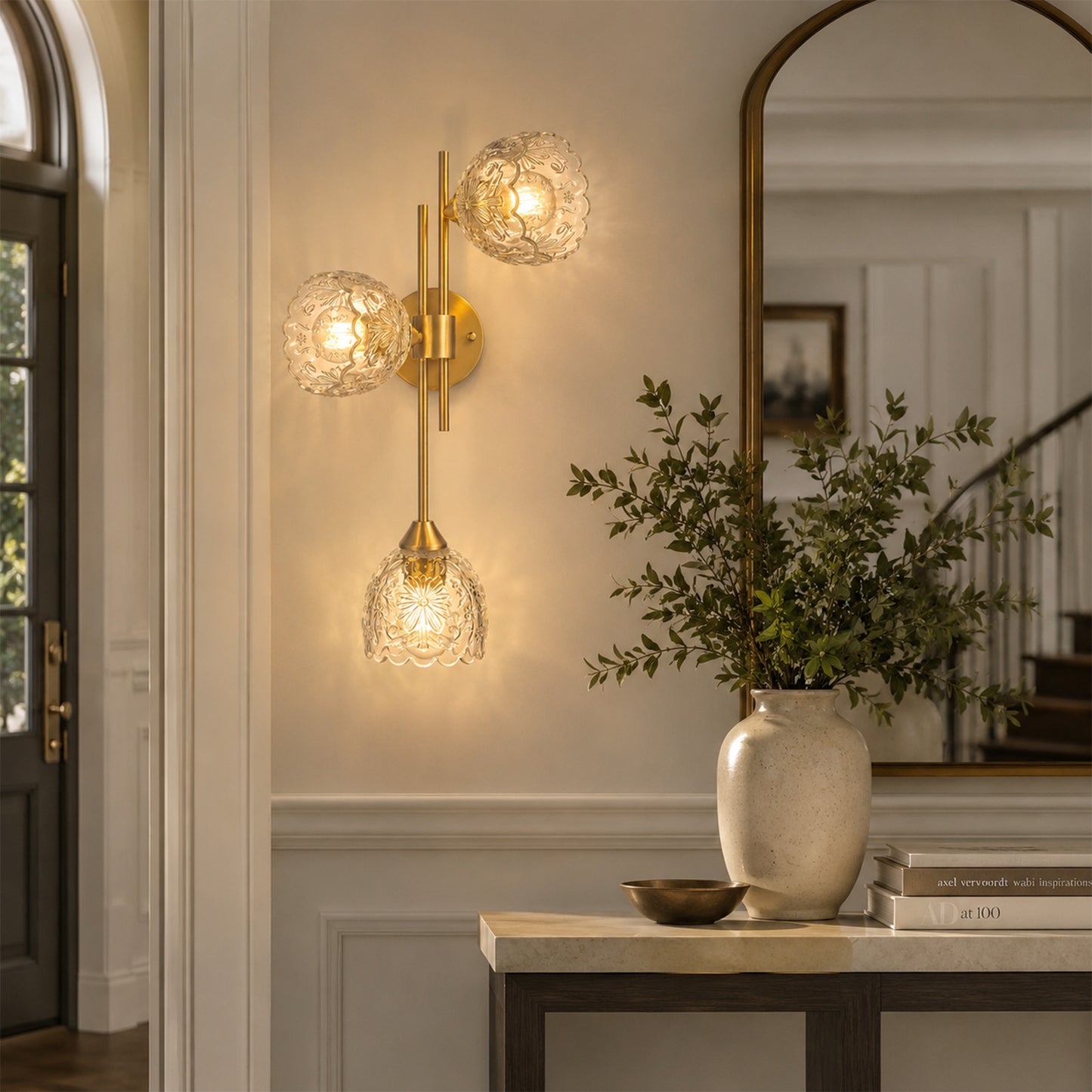 Aurelia 3-Light Gold Wall Sconce with Floral Glass Shades