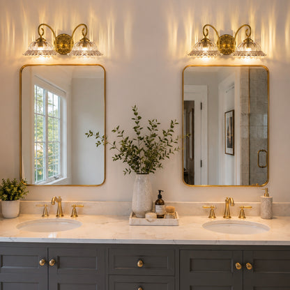 Aurelia Gold Vintage Bathroom Vanity Light, Clear Floral Glass, 2-Light