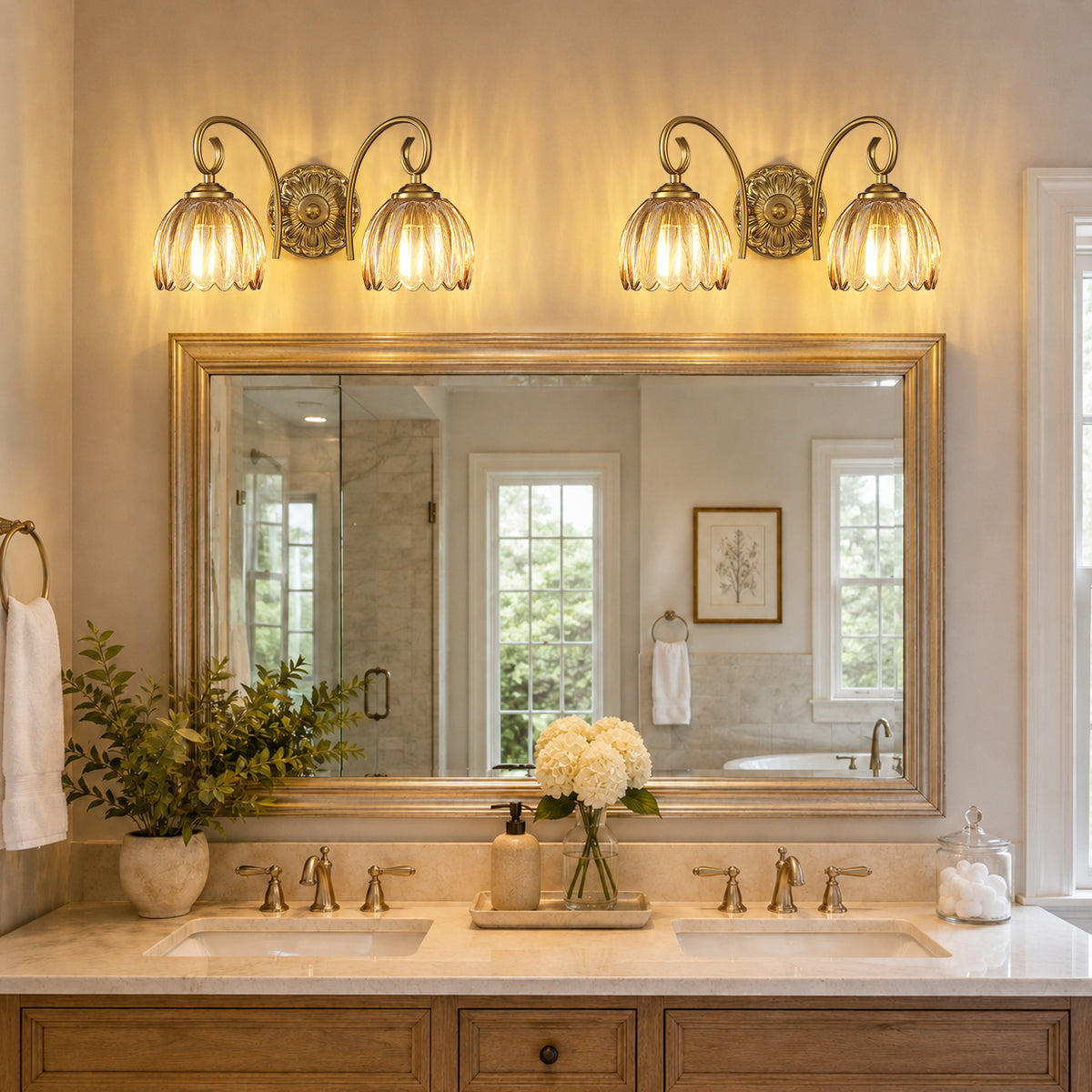 Aurelia Gold Vintage Bathroom Vanity Light, Amber Ribbed Glass, 2-Light