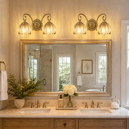 Aurelia Gold Vintage Bathroom Vanity Light, Amber Ribbed Glass, 2-Light