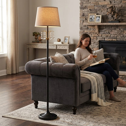 Lumora Crystal Floor Lamp, 64 Inch Black and Gold Standing Lamp with Linen Shade