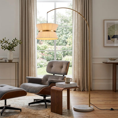 Lumora 65.5 Inch Gold Arc Floor Lamp with Hand-Woven Cotton Shade and White Marble Base