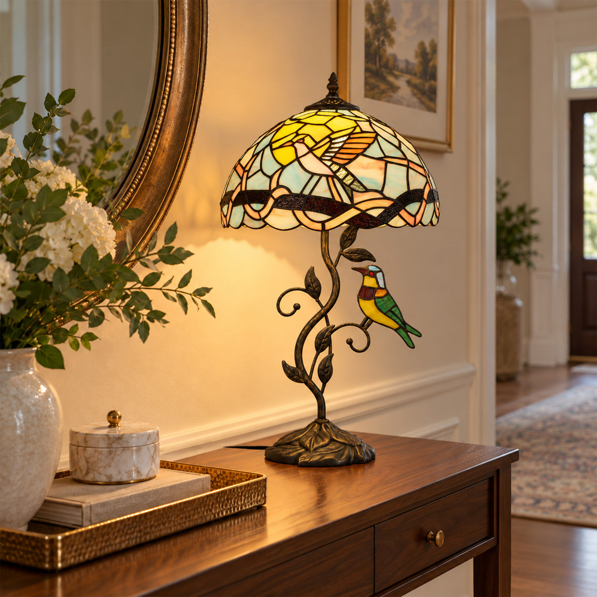 Cozyloom 21-Inch Tiffany Stained Glass Bird Table Lamp