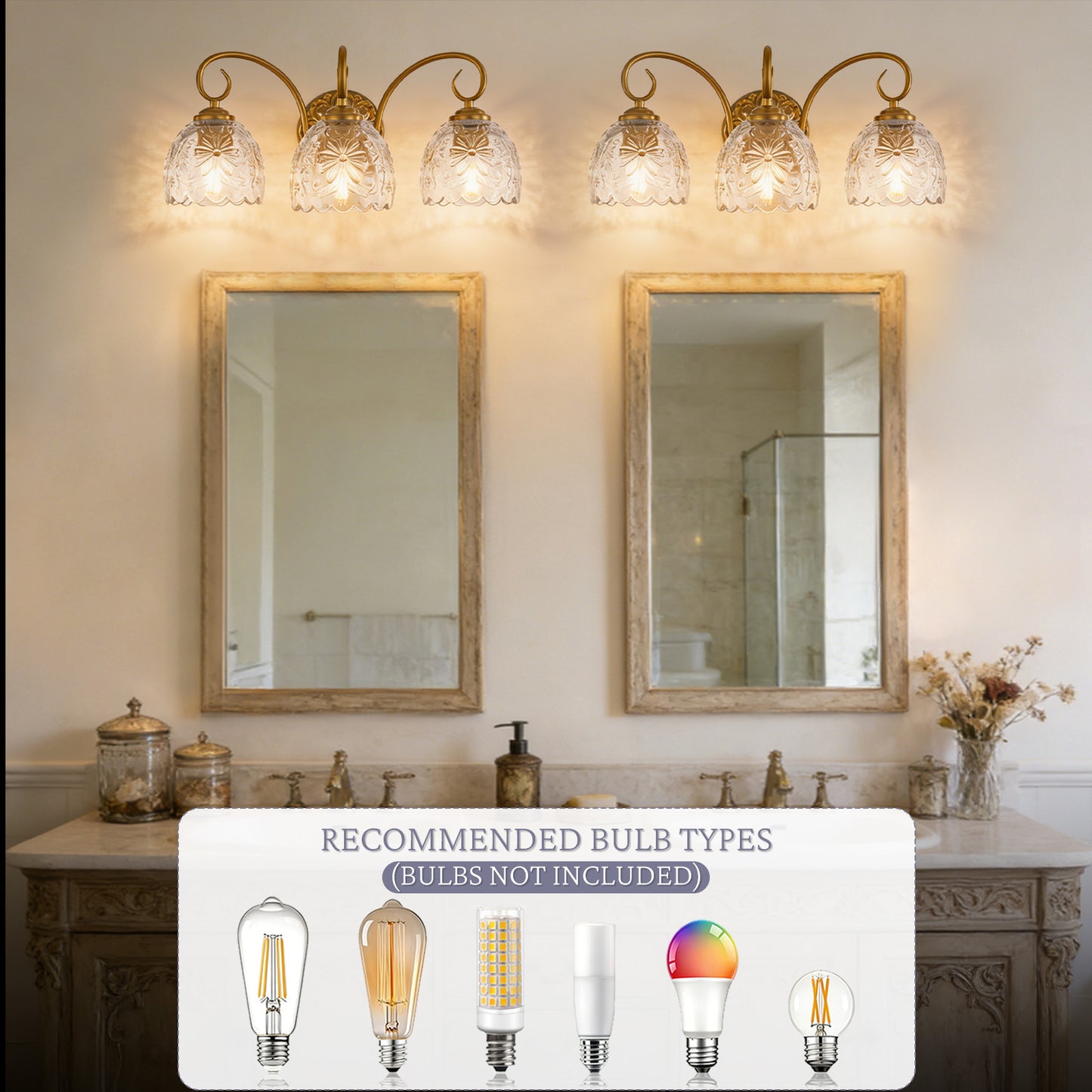 Aurelux Gold 3-Light Glass Floral Vanity Light  Fixture