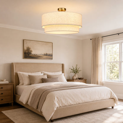 Aeris 24" Semi Flush Mount Ceiling Light, Gold 5-Light Double-Layer Drum Light Fixture with Linen Shade