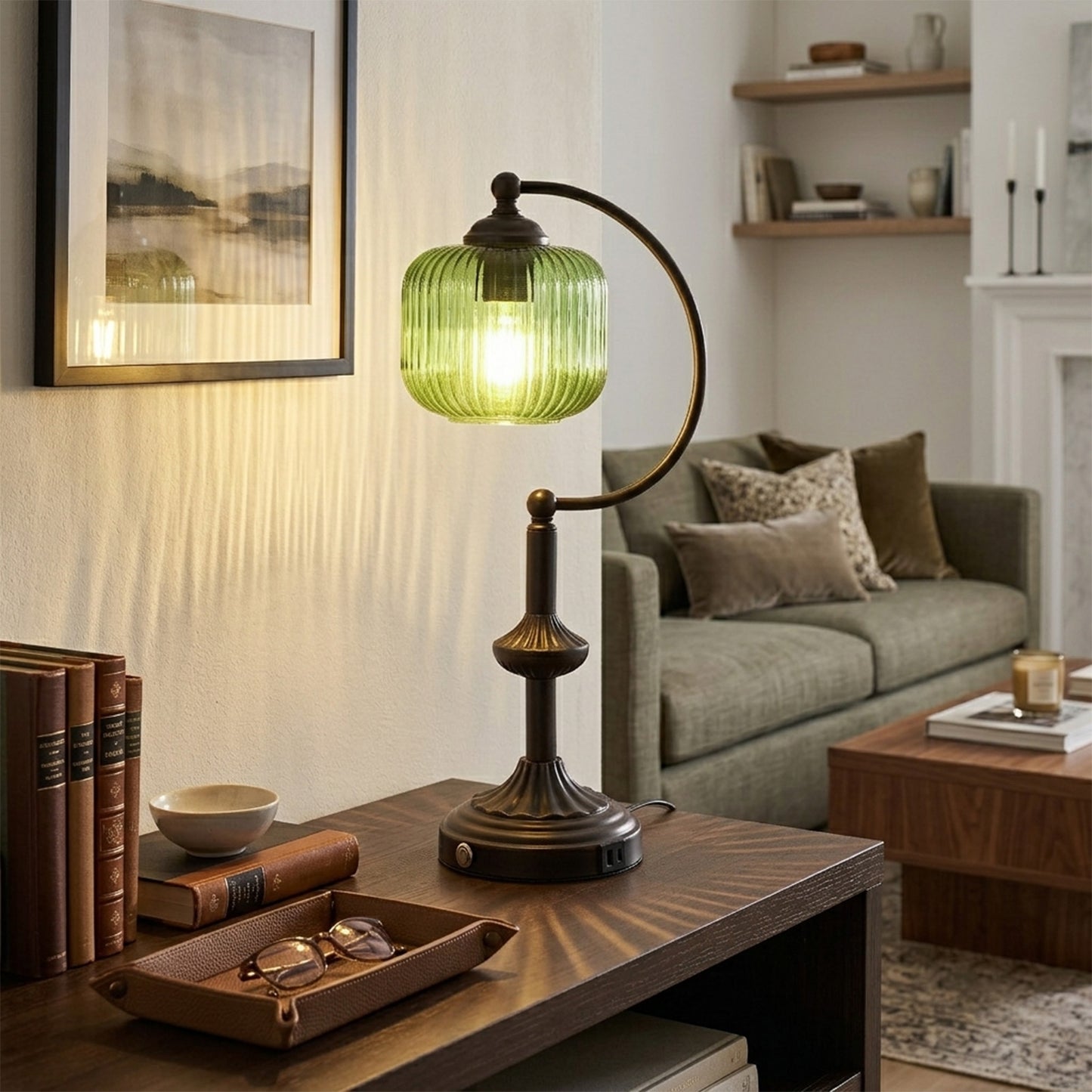 Cozyloom Black Table Lamp with Green Ribbed Glass Shade and USB-C + USB-A Charging Ports