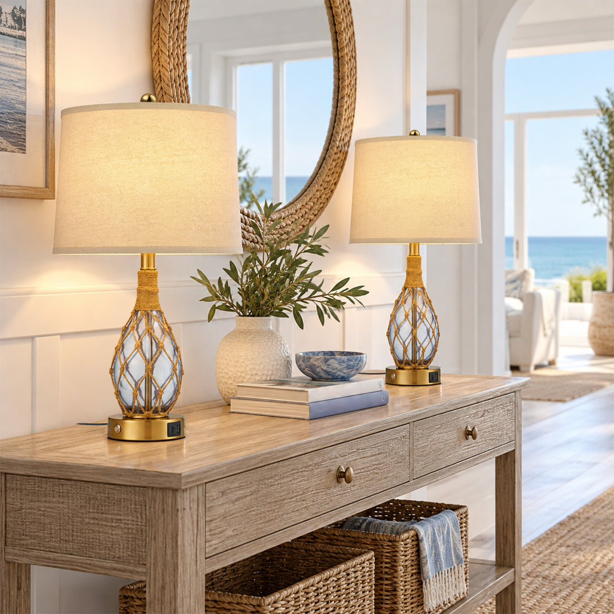 Cozyloom 23-Inch Blue Coastal Glass Table Lamps Set of 2