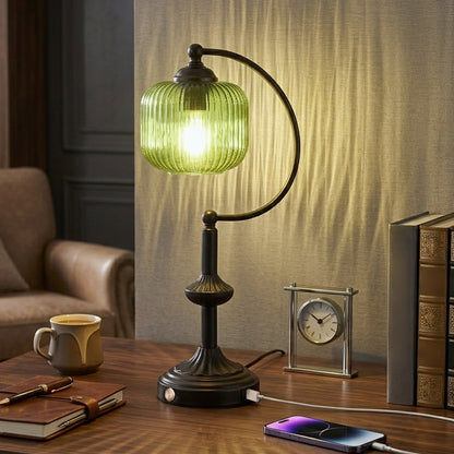 Cozyloom Black Table Lamp with Green Ribbed Glass Shade and USB-C + USB-A Charging Ports