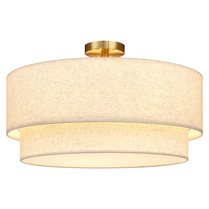 Aeris 24" Semi Flush Mount Ceiling Light, Gold 5-Light Double-Layer Drum Light Fixture with Linen Shade
