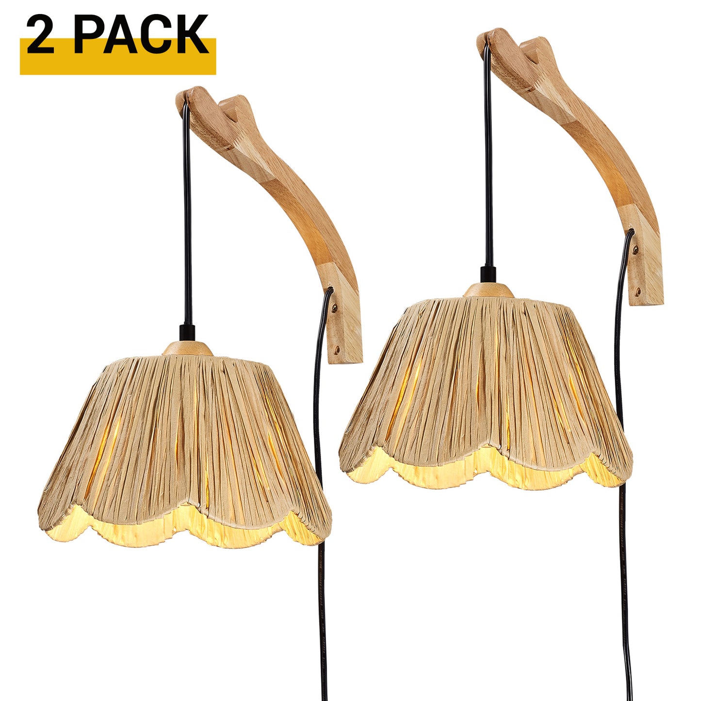 Aurelia 13inch Set of 2 Wall Light with Plug in Cord , Boho Raffia Shade
